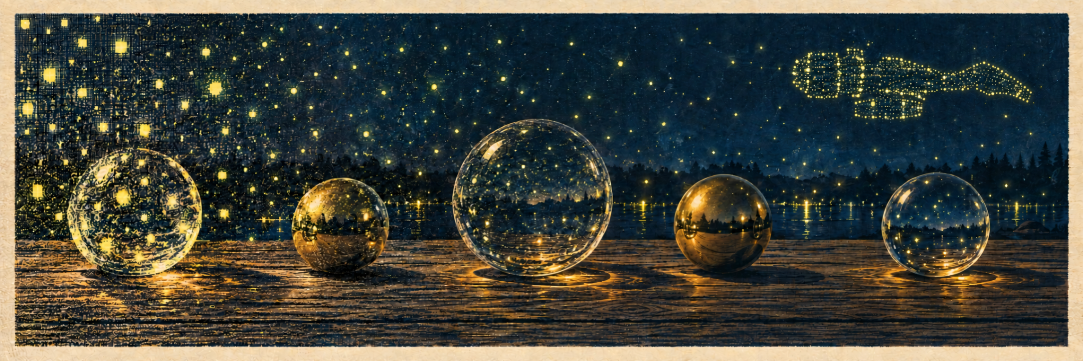 Screenprint illustration of glass and brass spheres at night. Scattered fireflies settle into a calm scene and the outline of a small ship.