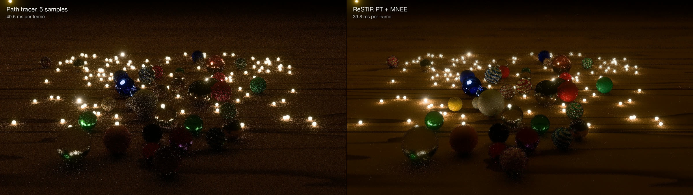 Path tracer with 5 samples (left) and ReSTIR PT with MNEE (right)