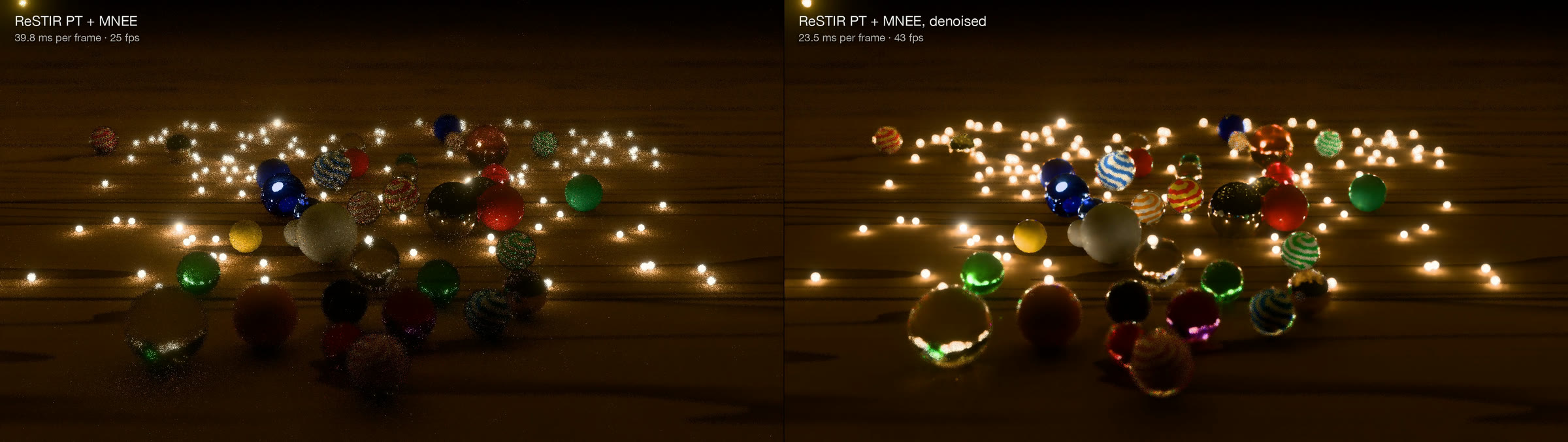 ReSTIR PT and MNEE (left) and the same light denoised (right), ten seconds into the opening