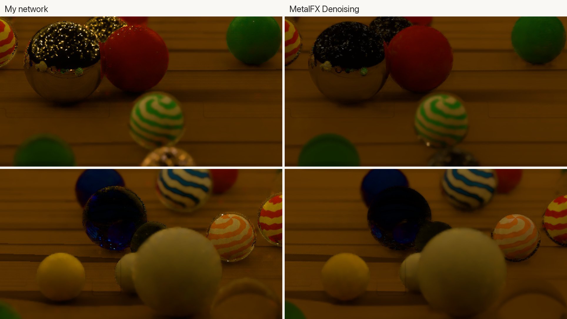 The same frame denoised by my network and by MetalFX Denoising: on the left, the fireflies’ pinpoints in the mirrored marble and the caustics inside the blue glass; on the right, both mostly gone